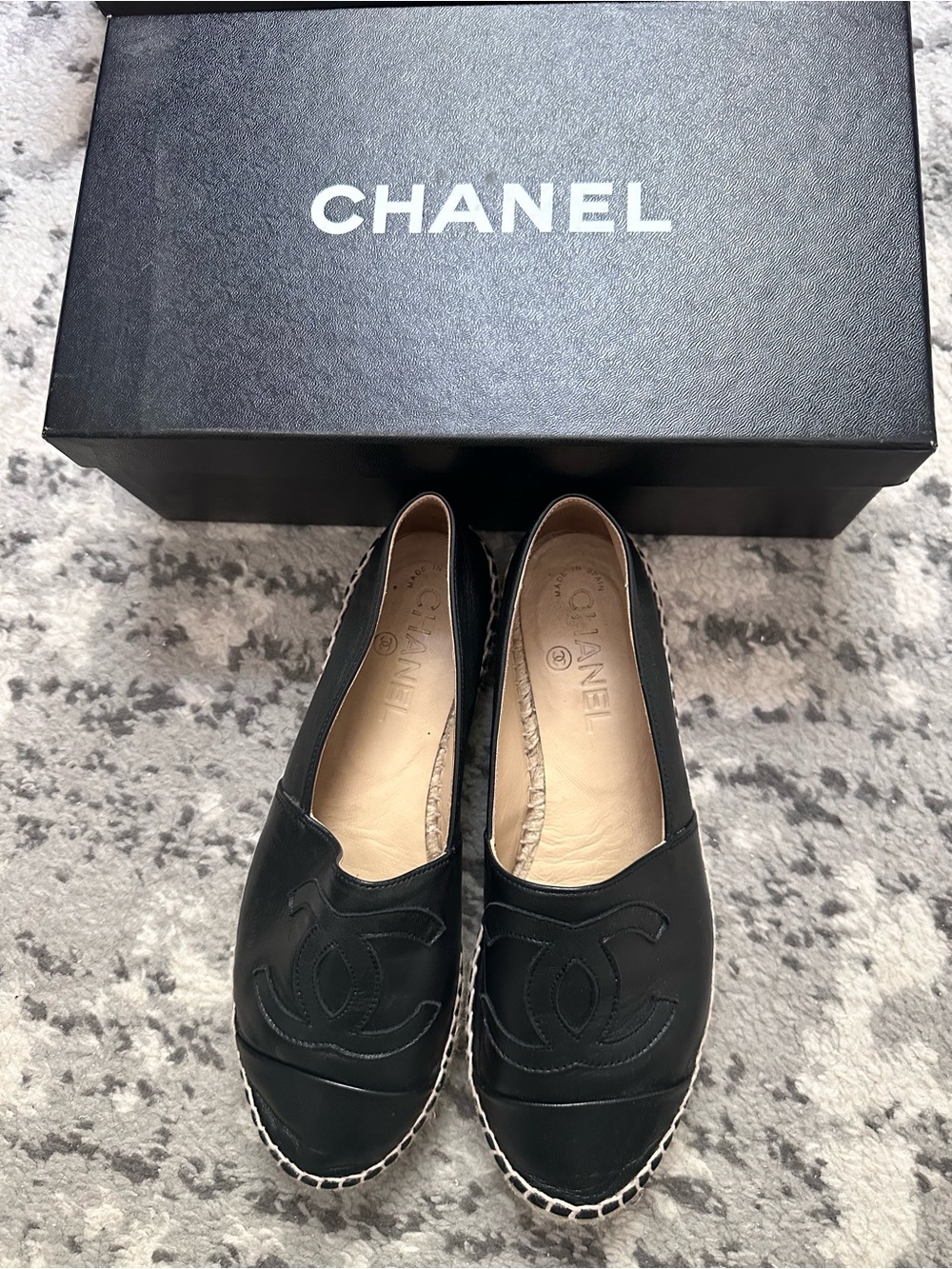 CHANEL Black Leather Espadrille Slip-Ons